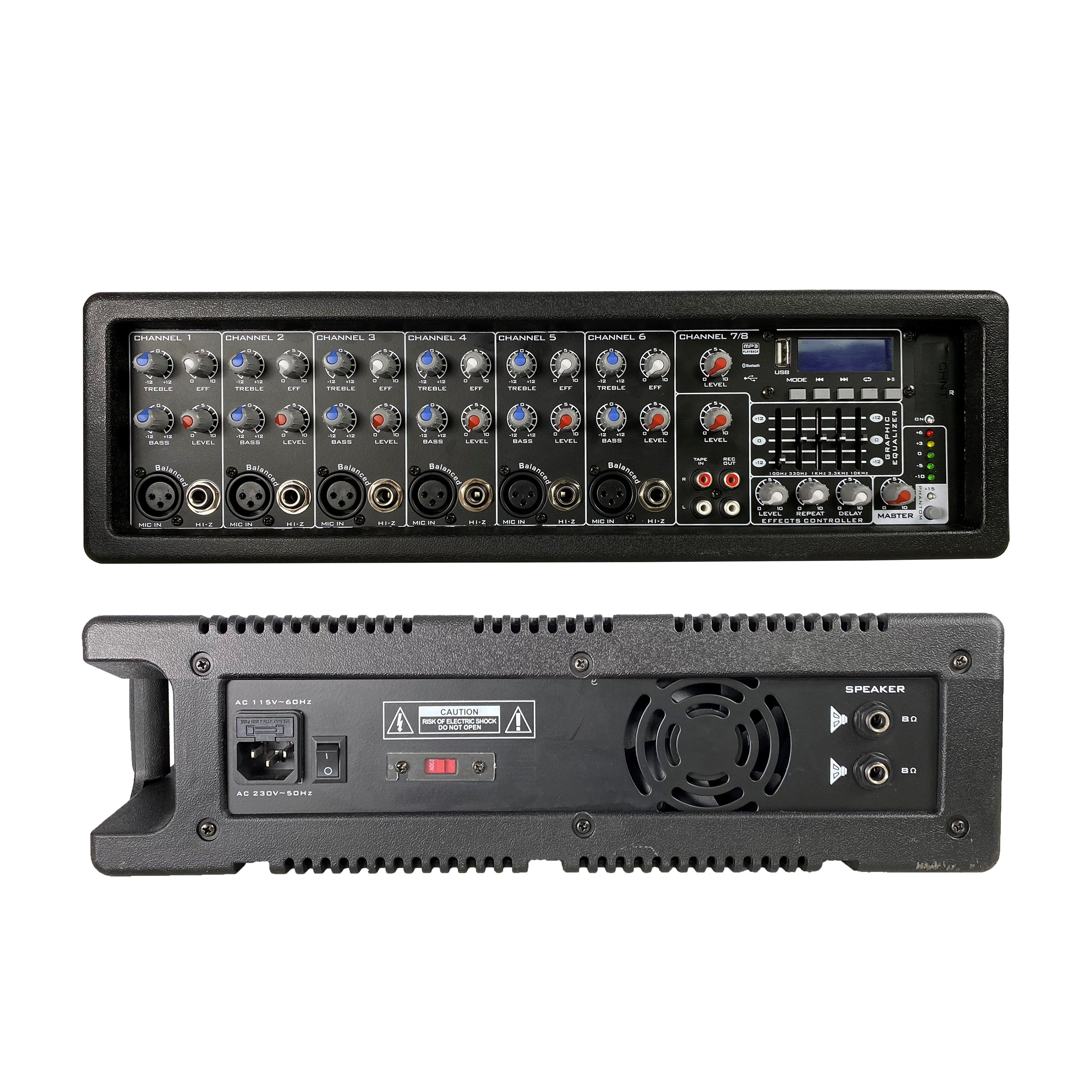 8-kanálový PA mixér SD506 poháňaný plastovým boxom